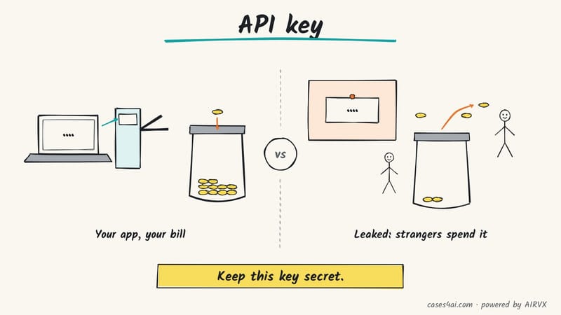 Sketch: your app's secret code charges one coin from your jar; leaked on a public board, strangers drain the jar.