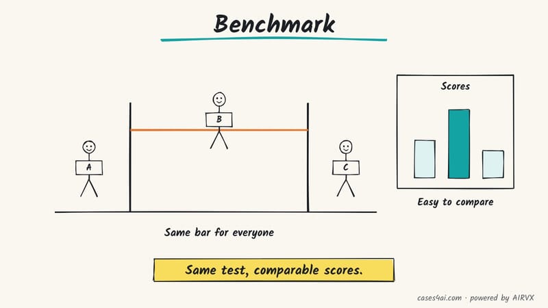 Sketch: jumpers A, B and C take on the same high-jump bar; a scoreboard beside them makes the scores easy to compare.