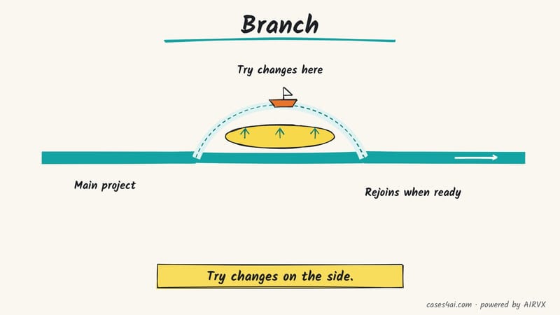 Sketch: a river splits around an island; a boat tries changes on the side stream, which rejoins the main river.