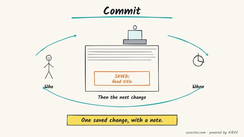 Sketch: a page stamped 'SAVED: fixed title', with who made it and when, in a loop that leads to the next change.