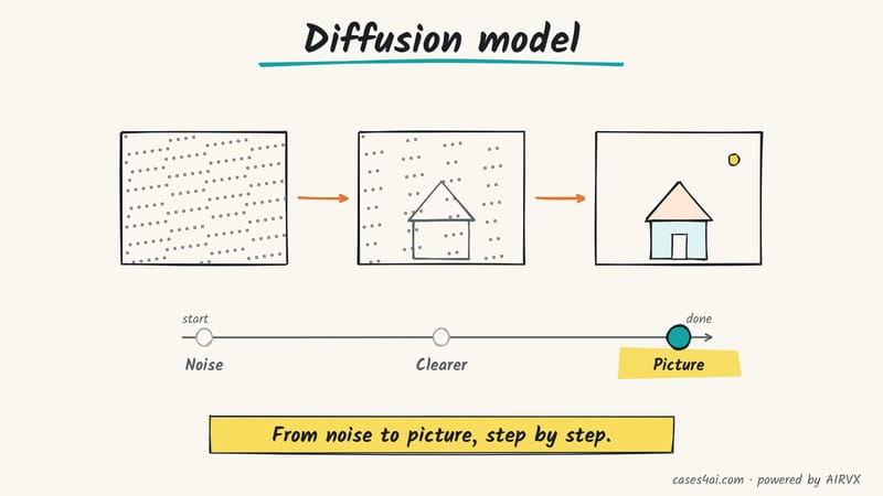 Sketch: three frames, static noise, a clearer house, then a clear picture; a track runs from noise to picture.