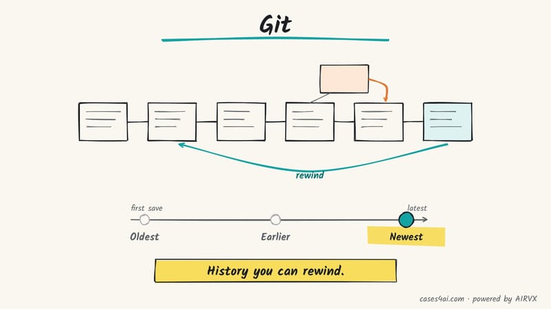 Sketch: a strip of saved snapshots, oldest to newest, a side snapshot joining in, and a rewind arrow back to an earlier one.
