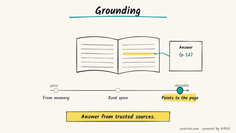 Sketch: an answer sheet points to a highlighted line in an open book; a track runs from memory to points to the page.