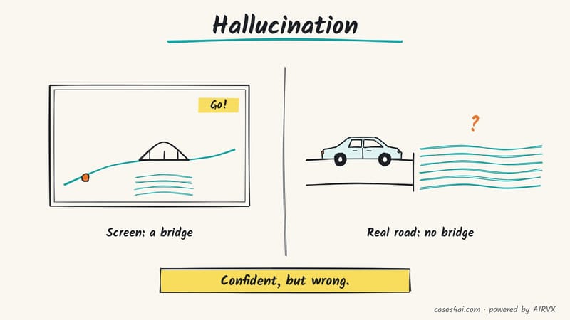 Sketch: a navigation screen confidently shows a bridge; then the real road ends at water with no bridge.
