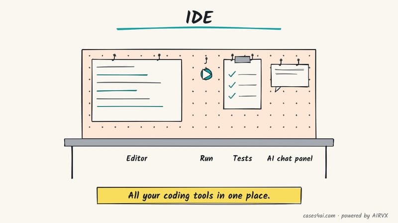Sketch: hooks on a desk pegboard hold a code editor, a run button, a test checklist and an AI chat panel, all in one place.