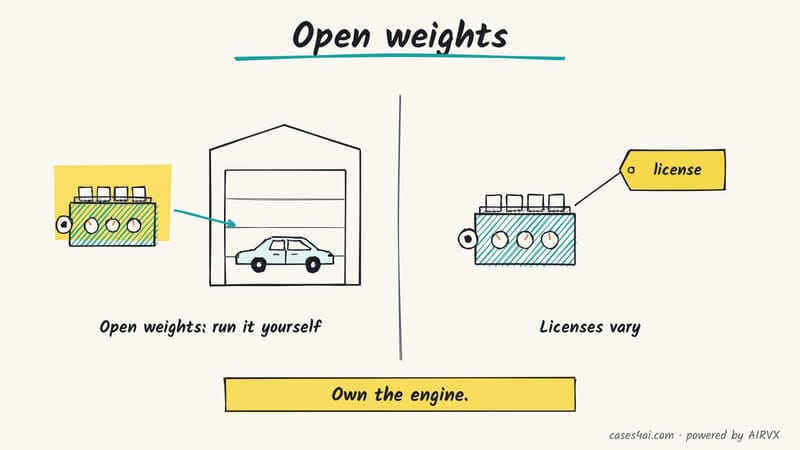 Sketch: an engine is downloaded into your own garage; then a license tag hangs on it, because licenses vary.