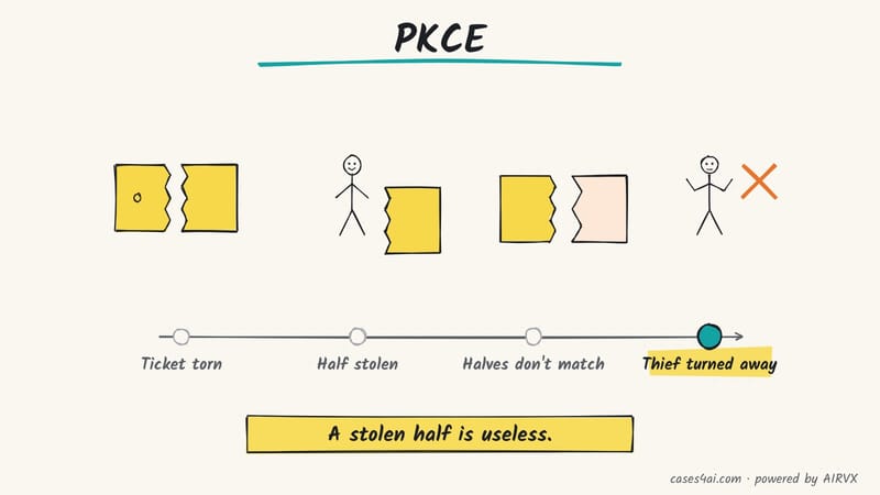 Sketch: a coat-check ticket torn in two; a thief grabs one half, the halves don't match, and the thief is turned away.