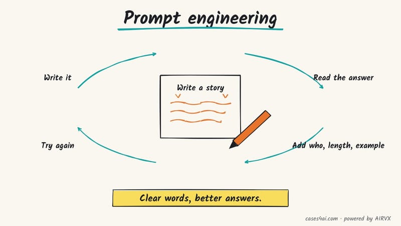 Sketch: a note saying 'Write a story' gets red-pen additions in a loop: write it, read the answer, add detail, try again.