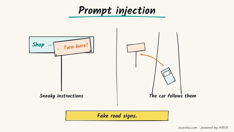 Sketch: a fake Turn here sign is pasted over a real shop sign; then a car swerves off the road toward it.