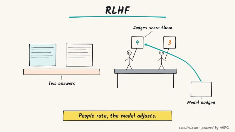 Sketch: two answers on a stage; judges hold up scores 9 and 3, and an arrow nudges the model, a plain box, toward the 9.
