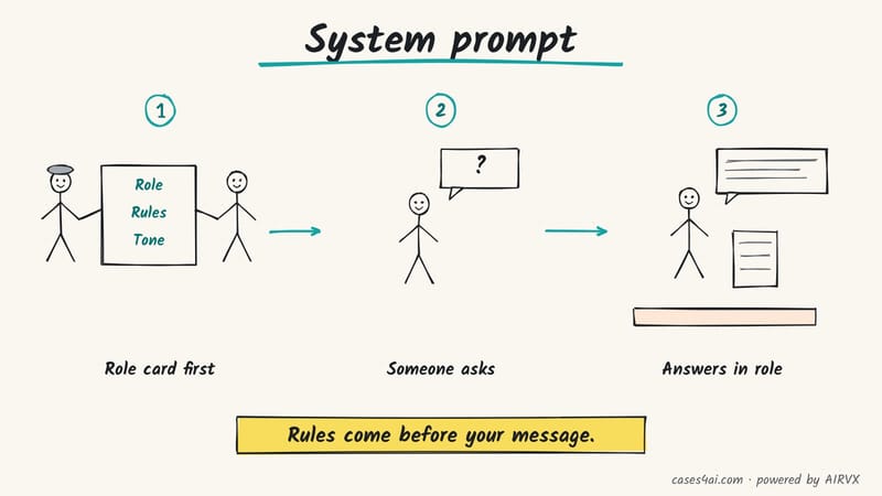 Sketch: a director hands an actor a role card (role, rules, tone); someone asks; the actor answers in role on stage.