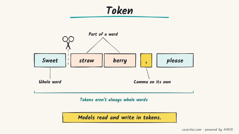 Sketch: scissors cut the strip 'Sweet strawberry, please' into tokens: a whole word, word parts and a lone comma.
