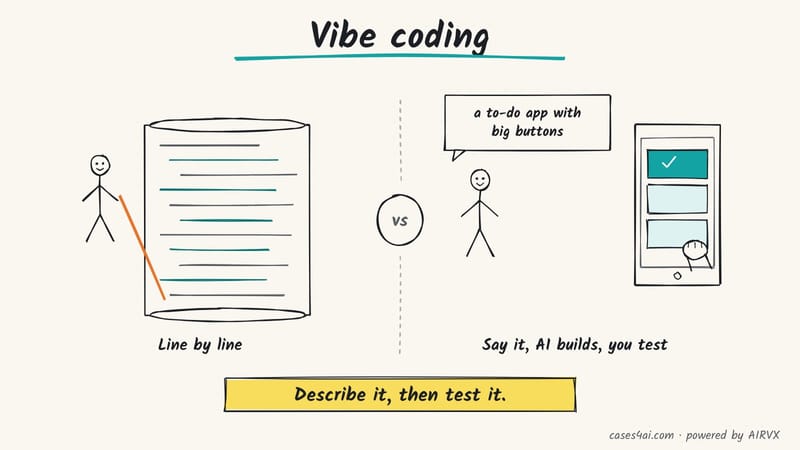Sketch: hand-writing code line by line on a scroll, vs saying 'a to-do app with big buttons', AI builds it, you tap-test it.